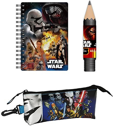 Star Wars Lizenziertes A5 Ring Notizbuch, 8 Buntstifte im Tube und Federmäppchen