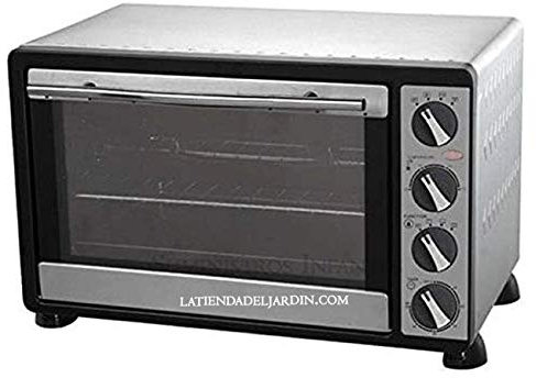 Four Electrique Chaleur Tournante et rustipollo 30 litres acier inoxydable, température réglable 100 – 230 °C de porte double en verre et poignée en acier inoxydable. Sélecteur de 6 positions