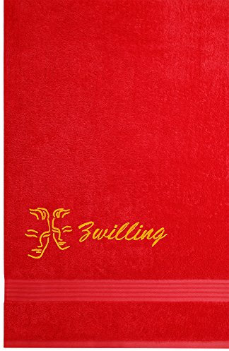 Lashuma Linz Frottiertuch mit Sternzeichen Zwillinge Stickerei, Handtuch Größe 70x140 cm, Farbe Scharlach Rot