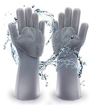 Anlising Gants de Nettoyage, Gants en Silicone Avec Laveur réutilisables résistants à la Chaleur pour Cuisine, Vaisselle, Soins Pour Animaux de Compagnie, Salle de Bains, Lavage de Voiture (Gris)