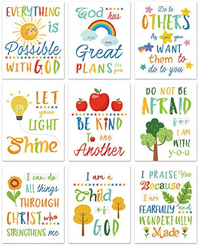 HLNIUC Farbenfroher Regenbogen-Kunstdruck, inspirierendes Zitat, Leinwandposter, Set von 9 (20,3 x 25,4 cm, ungerahmt), Bibelvers, Wandkunst für Kinder, Klassenzimmer, Sonntagsschule, Dekoration