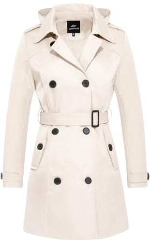 FARVALUE Trench imperméable à double boutonnage coupe-vent classique avec ceinture à revers et capuche amovible pour femme, beige, Large