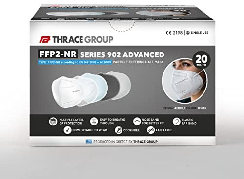 THRACE GROUP -FFP2 Thrace Advanced Series 902 CE 2198 Masken - Zertifiziert nach EN 149:2001+A1:2009 und EU 2016/425 - Farbe Weiß - 20er Pack - Einzeln verpackt - Partikelfiltration ≥ 94%