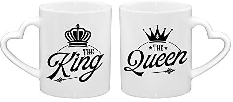 Couples Theme Coffee Mug Set The King The Queen Valentines Day, Birthday, Wedding, Anniversary, Him-Her Unique Ceramic Heart Handle Coffee Mug. (White)