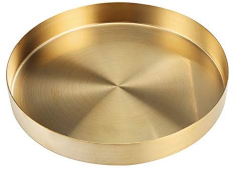 Gold Round Tray Decorative Stainless Steel Serving Tray Metal Organizer Plate for Makeup, Jewelry, Tea, Coffee, Drinks, Toiletries, Kitchen Tableware (21.1 x 21 x 3.7 cm)