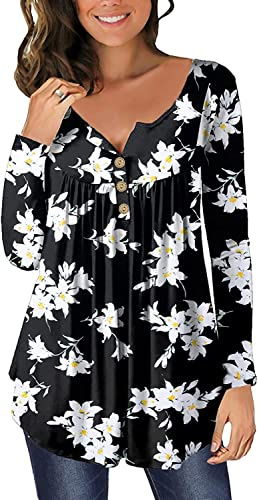 Chemise Femme Chic et Élégant Coton Tunique T-Shirts à Manches Longues Haut Décontractés Amples Floraux Tshirt Tops