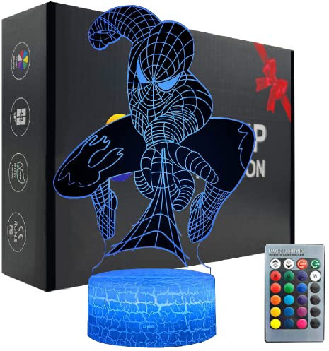 Veilleuse 3D pour enfants, jouets Spiderman pour garçons, lampe illusion 3D de super-héros avec 16 couleurs changeantes et télécommande, cadeau d'anniversaire pour enfants, garçons et filles