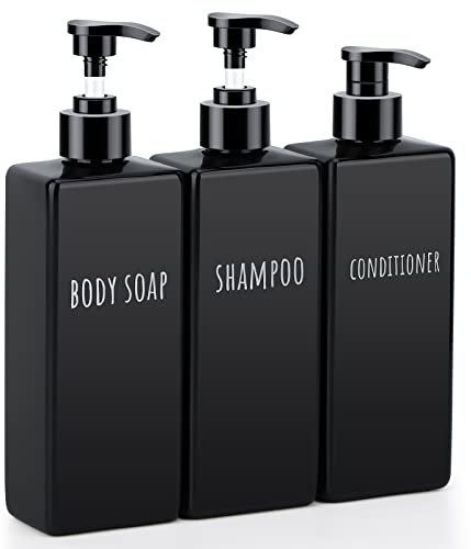 Segbeauty Square Soap Dispenser Black, 3pcs 16.9oz Refillable Shampoo and Conditioner Bottles, 500ml Empty Reusable Plastic Pump Bottle Bathroom Shower Dispenser Set for Body Wash Liquid Gel Lotion