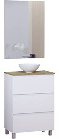 Baikal Conjunto de Mueble de Baño Ness, Especial para baños pequeños. Mueble de Fondo Reducido en 36cm, Incluye Lavabo Cerámico. Mueble MONTADO. Tres Cajones con Espejo 60 cm Blanco