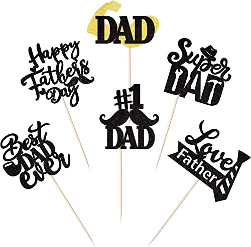 24 Stück Happy Father's Day Tortendeko Glitzer Best Dad Ever Kuchen Deko Love Father #1 Dad Dad Tie Moustache Hat Glass Cupcake Toppers für Father's Day Thema Party Geburtstag Cake Decoration Schwarz