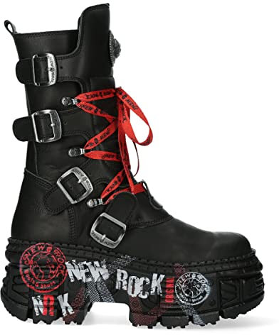 New Rock Stivali WALL028B-C1 Stivali gotici unisex in pelle nera metallizzata, Nero , 35 1/3 EU