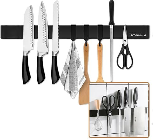Trhillsbrad - Barra magnética para cuchillos (50 cm, soporte magnético para cuchillos de 50 cm, con 3 ganchos, acero inoxidable, autoadhesiva, soporte de pared negro, sin taladrar