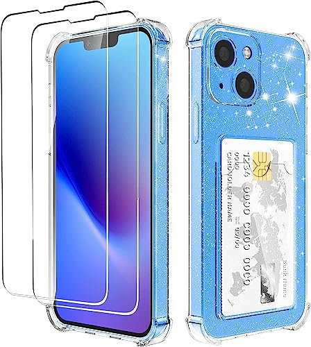 Case for iPhone 14 with Card Holder for Women Clear Glitter with Screen Protector[2 Pack], Cute Soft Protective Wallet Case for Women Girls Shockproof Bling Sparkle Cover for iPhone 14