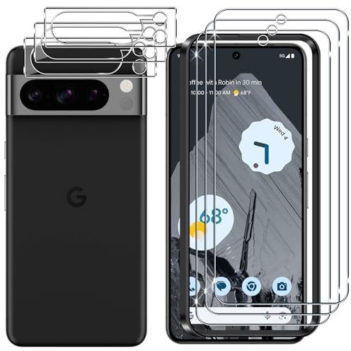 Lutree para Google Pixel 8 Pro Cristal Templado, 3+3 Piezas Protector de Pantalla con Protector de Lente de Cámara, Dureza 9H HD Anti-Arañazos Sin Burbujas Vidrio Templado Película Protectora