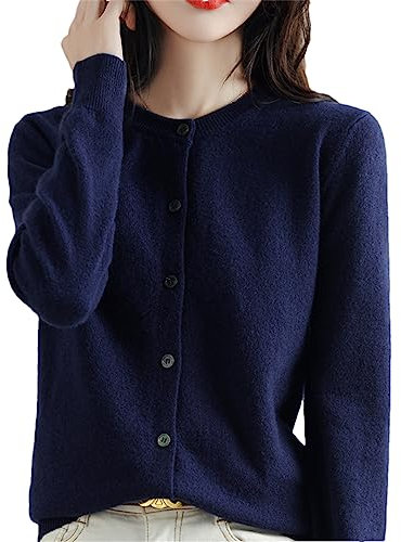 Women's Cashmere Cardigan Round Neck Sweater Spring Autumn Winter Long Sleeve Knitted Solid Color Soft Cardigan Sweater Tibetan Blue L