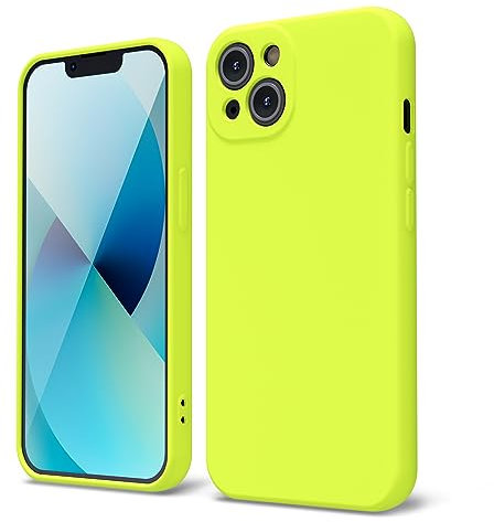 oakxco for iPhone 13 Phone Case Liquid Silicone, Fluorescent Bright Solid Color, Cute Thin Slim Soft Rubber TPU Plain Smooth Gel Matte Protective Cover for Women Girl, Lime Neon Yellow