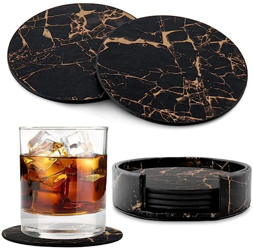 GOWEILE Drink Coasters Set of 6 PU Leather Marble Coaster Drink Coffee Cup Mat Round Tea Pad Table Pad Holder Suitable for Kinds of Mugs and Cups