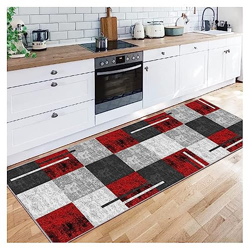 Siunwdiy Küchenteppich 50X150CM rutschfest Küche Rot, grau, schwarz Geometrisches Muster Meterware Waschbar Lang Teppich Läufer Flur Teppichläufer Schlafzimmer Korridor, 40-140cm Breit
