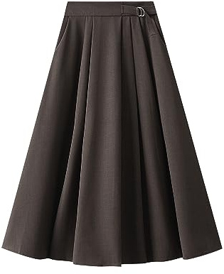 Women's High Waist Long Skirt Vintage Elegant Elastic Waist Midi Skirts Casual A-Line Swing Solid Color Pleated Skirt with Belt