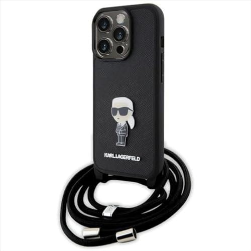 KARL LAGERFELD KLHCP15LSASKNPSK Hülle für iPhone 15 Pro 6.1 hardcase Schwarz Crossbody Saffiano Monogram Metal Pin Karl & Choupette