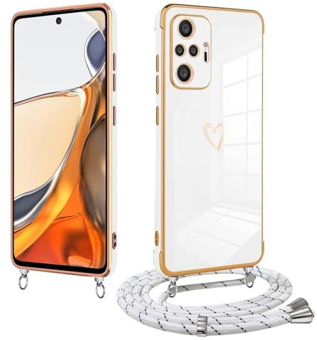 LENGRACE para XiaoMi RedMi Note 10 Pro Patrón Corazón Funda,Borde Dorado Silicone TPU AntiChoque para Niñas Mujeres Funda con Cuerda-Blanco
