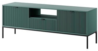 BETTSO - Nova RTV-154 - TV Schrank - Kommode - Mehrzweckschrank - Tv Ständer - mit Schublade 2 Türen - Niedrig, Geriffelt - Wohnzimmer - Modern, Glamour - Grün - mit schwarzen Griffen