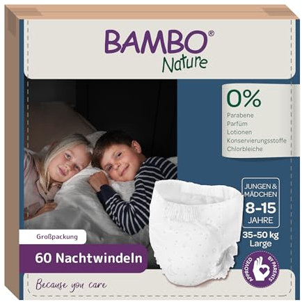 Bambo Dreamy Windelhöschen für die Nacht, Größe Large, (35–50 kg/77–110 Pfund), Großpackung 60 Stück | Pull-Up-Windeln für Kinder | Ultra-saugfähige Night Pants bei nächtlichem Einnässen | Multipack