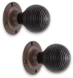 Infinity Decor Ebonised Wooden Beehive Mortice Rim Door Knobs Brass Pull Handles on Unsprung Rose 55mm – Ideal for Interior & Exterior Use  (Matt Antique)