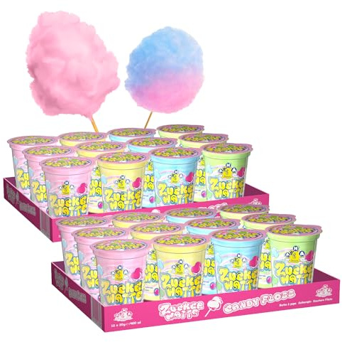 AHA Barbe à papa 4 variétés colorées, 24 x 20 g dans un gobelet, qualité supérieure, emballage de stockage, 4 saveurs pour l'été, fête d'anniversaire, carnaval
