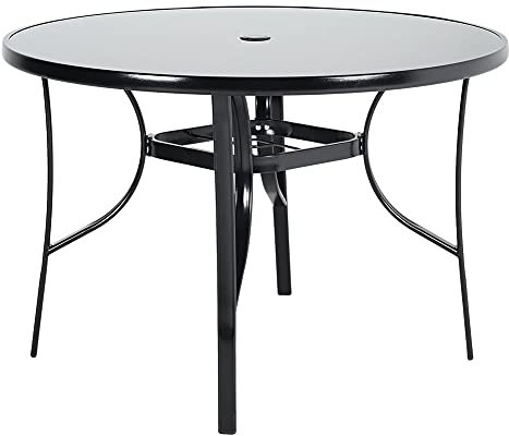 The Fellie Garden Table Outdoor Dining Table with Parasol Hole Tempered Glass Top Coffee Table Patio Table (Round-105 x 105 x 70.5cm)