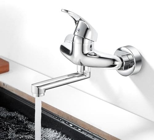 Wasserhahn Küche Wandmontage, Bevankly 360° Drehbar Wasserhahn Küche Wandarmatur, Kalt und Heiß Einhebelmischer Küchenarmatur Wandmontage, Mischbatterie Küche für Wandmontage, Schwenkarm 150mm, Chrom