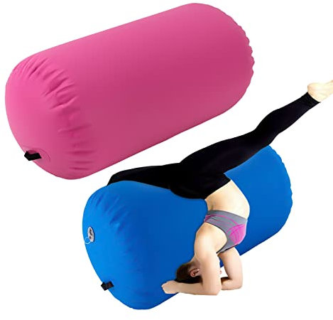 HINOPY Gymnastik Roller Aufblasbar, 100x60cm PVC Tumbling Rolle Luftmatratze Yoga Gym Mat Mit Aufblasbar Pumpe für Training Fitness Gymnastik Body Shaping (Rosa)