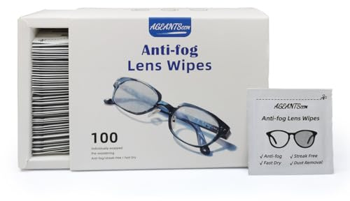 Ageantscom Anti Fog Wipes for Glasses (100-pack), Individually Wrapped, Pre-Moistened, Quick-Dry, Streak-Free Anti Fog Lens Wipes for Eyeglass, Goggles, Phone, Camera Lens,Laptop Screens