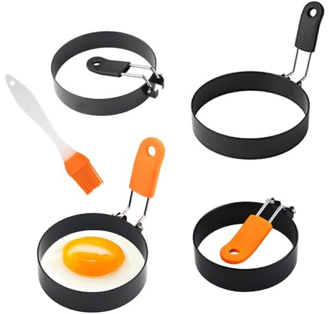 RHQFDM 4 Stück Edelstahl Runde Omelettform Antihaft,Runde Eierringe Spiegeleierformen Für Die Pfanne,Multifunktional Egg Ring Molds,Antihaftbeschichtet-Hitzebeständigem Griff-Kommt mit Ölbürste