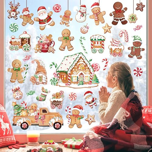 decalmile Weihnachten Fensteraufkleber Lebkuchenmann Süßigkeitenhaus Fenster Abziehbilder Pfefferminze Kekse LKW Anti-Kollision Fensterfolie Statische Aufkleber Party Zuhause Küche Dekoration Mehrweg