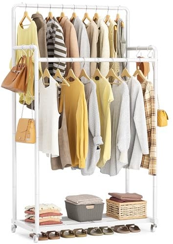 HOMIDEC Clothes Rail,Metal Clothes Rack with Hooks, Double Rads Heavy Duty Clothing Rail for Bedroom,Portable Clothing Rack Clothes Storage Shelf,Hold up to 80 kg,White