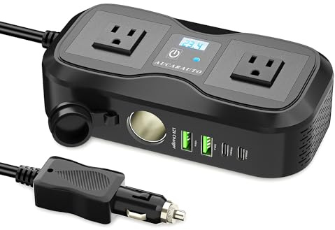 AUCARAUTO 7 in 1 Car Power Inverter, 200W DC 12V to 110V AC Car Inverter with LED Voltmeter, 4-Port PD/QC3.0 Charge, 2 Car Outlets and Cigarette Lighter Adapter USB C Car Charger for All Car Devices