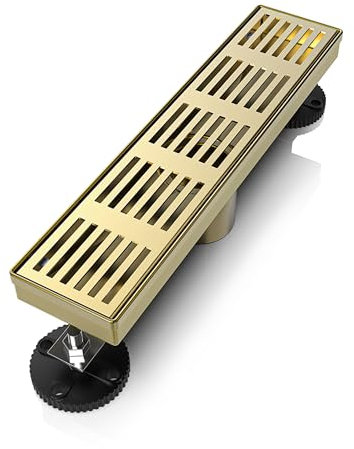 WEBANG Linearer Duschrinne Bodenablauf mit Zubehör, Zaunmuster, Abdeckrost, abnehmbarer SUS304-Edelstahl, Wasserzeichen und CUPC-zertifiziert, gebürstetes Gold, 30,5 cm