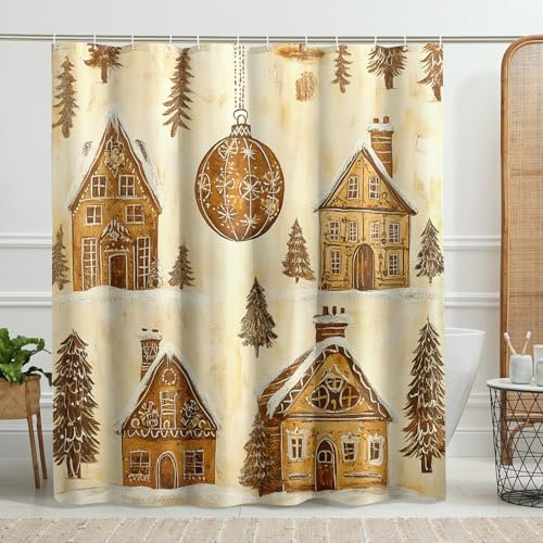 Cortina de ducha de casa de campo, cortina de ducha beige para decoración de vacaciones, juego de cortina de ducha de tela impermeable con ganchos, 62 x 72 pulgadas