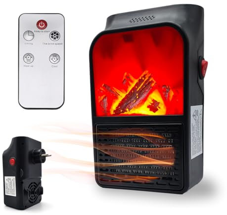 BullTek - Stufetta Elettrica da Muro 600W | Consumo Efficiente con Telecomando | Effetto Camino Luminoso | Termostato Regolabile | Termoventilatore Compatto, Nero