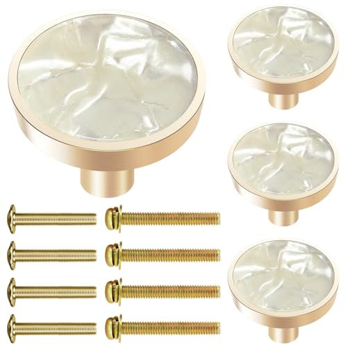 FINYSHIKK 4Pcs Round Cabinet Drawer Knobs Brass Decorative, 1.25 Polished Cabinet Handles, Gold Knobs for Dresser Jewelry Box Drawers, Pulls for Kitchen Bathroom Cabinets Door (Pearlescent White)