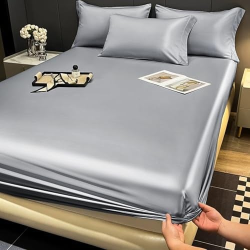 Gezu Spannbettlaken 160x200cm Satin Grau Seide Glanzsatin | Glatt und Bequem Atmungsaktiv Weich Microfaser Spannbetttuch kühlend Bettlaken für Boxspringbett Topper Matratze bis 30 cm