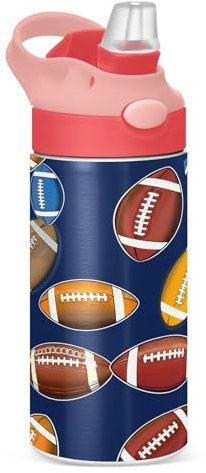 Sevdomey Footballs Kids Water Bottle for Girls Boys, Stainless Steel Insulated Leakproof Water Bottle 350ml with Straw for School Nursery Travel Sports