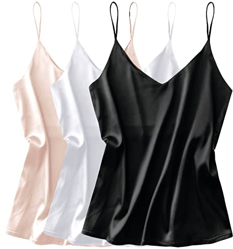 Ekouaer 3 Pack Womens Silk Satin Tank Tops V Neck Camisole Cami Spaghetti Strap Top Loose Sleeveless Blouses Tank Shirt S-XXL