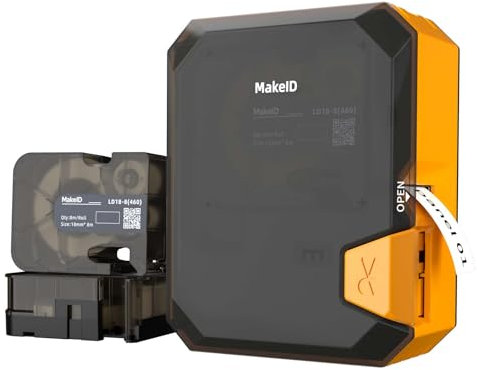 Makeid P31S Industrielles Etikettendrucker-Set, tragbarer Bluetooth-Etikettierer mit 1,8 cm B x 8 m L Etikett (weiß und gelb), Draht- und Kabel-Etikettiermaschine für Baustellen, Orange