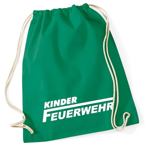 Huuraa Turnbeutel Kinder Feuerwehr Schriftzug 12 Liter Kelly Green Baumwolle Rucksack Geschenkidee