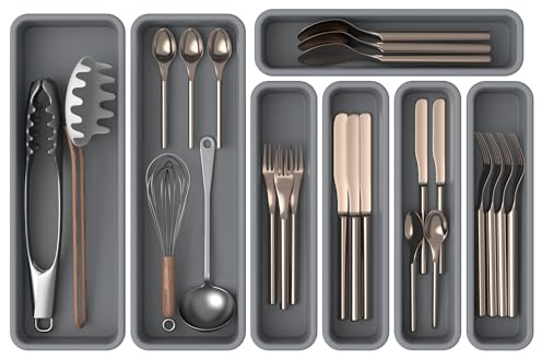 K KORKUAN Juego de 7 organizadores de cajones de silicona para cubiertos, organizador de cajones de cocina combinable libremente DIY, organizador de utensilios, a prueba de humedad y resistente al