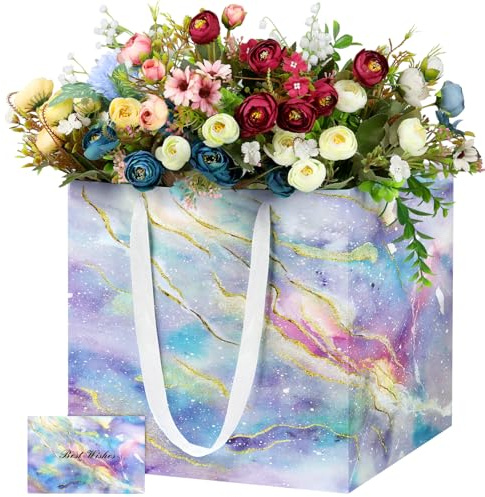 LVNRIDS Extra Large Gift Bags for Presents Purple, 30 cm Square Marble Big Gift Paper Bag Large with Handle and Greeting Card for Bouquets Wedding Birthday Party Cake(1 pc)