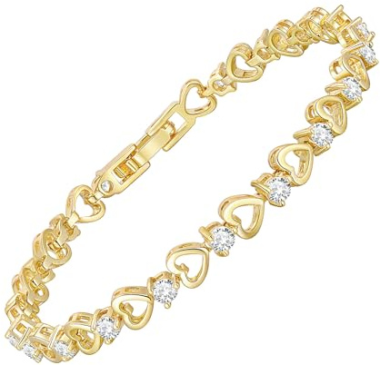 Armband Damen Gold Silber Armkette - 14K Gold/Weißgold Vergoldet Armband Mädchen aus Kupfer, Armbänder mit Herz & Zirkonia, Trauzeugin Armband für Hochzeitstag Geburtstag Jahrestag (Gold, 18 cm)