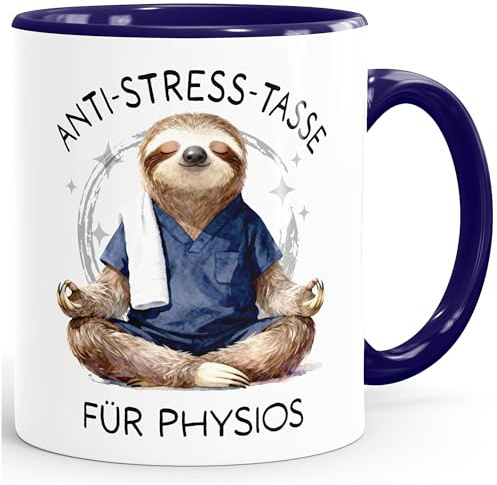 SpecialMe® Kaffee-Tasse Faultier Design Geschenkidee Physiotherapeuten Anti Stress Bürotasse Spruch Lustig Arbeit Job Berufe Weiss-innen-navy standard